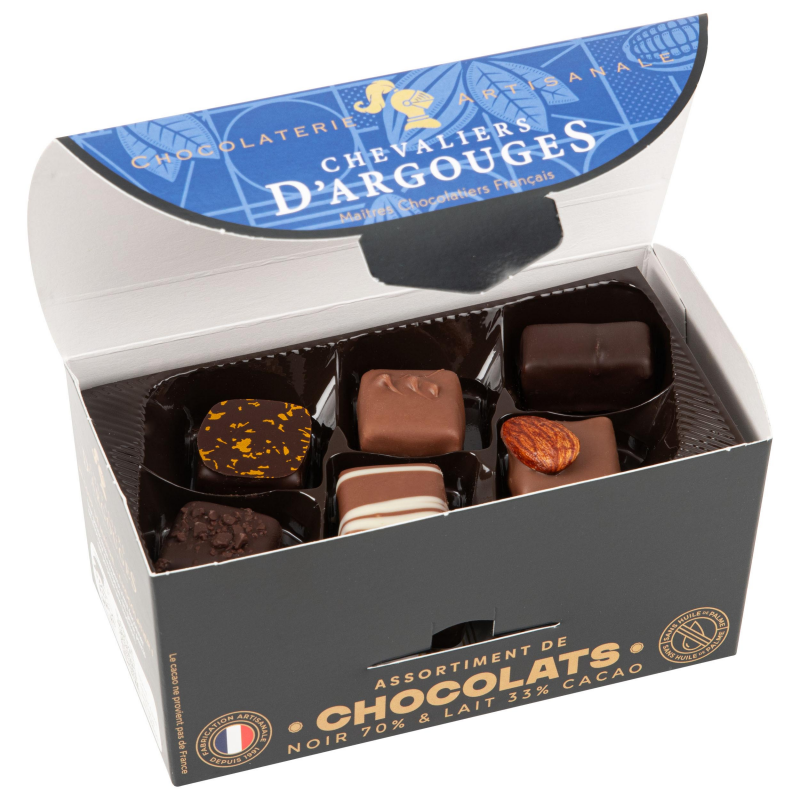 CHEVALIERS D'ARGOUGES Maîtres Chocolatiers Français - Assortiment de  chocolats noir 70% - Ballotin dégustation 365g